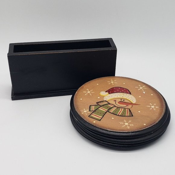 Vintage Wooden Set of 4 Snowman Snowflake Coasters with Holder - Picture 8 of 9